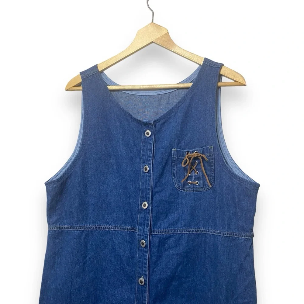 VTG Denim Western Button Front Midi Dress Lace Up Pocket Size Large - Picture 2 of 5